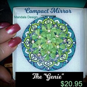 Light Green Celluloid Compact Makeup Mirror on Mandala Design